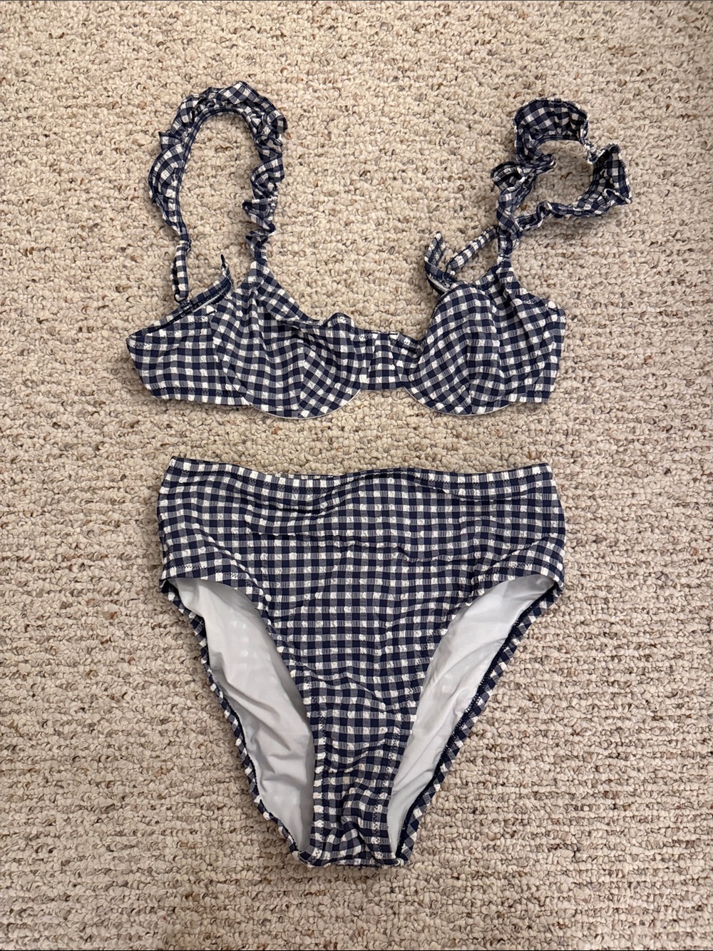 J. Crew Navy and White Gingham Ruffle Strap Bikini